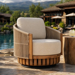 English Elm Patio Swivel Barrel Chair Acacia Teak Base Woven Rope Seat Outdoor Lounge 400Lb N762P468439A