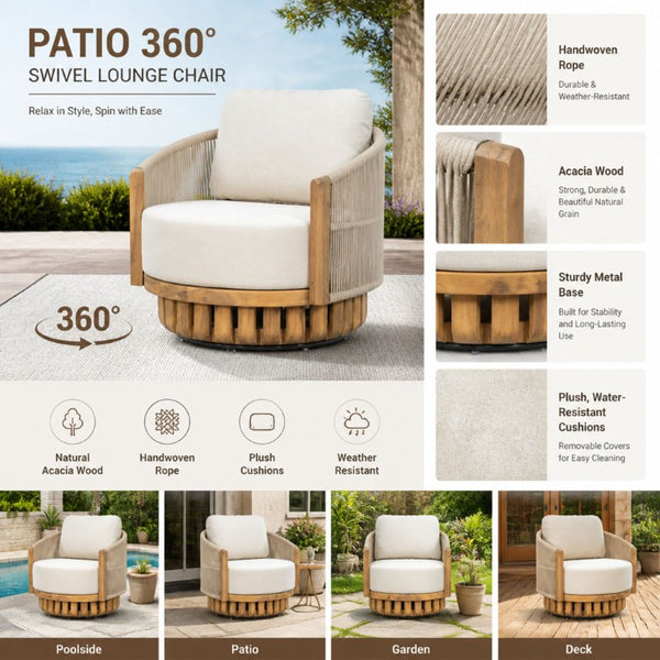 English Elm Patio Swivel Barrel Chair Acacia Teak Base Woven Rope Seat Outdoor Lounge 400Lb N762P468439A