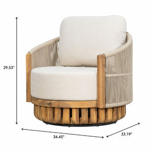 English Elm Patio Swivel Barrel Chair Acacia Teak Base Woven Rope Seat Outdoor Lounge 400Lb N762P468439A