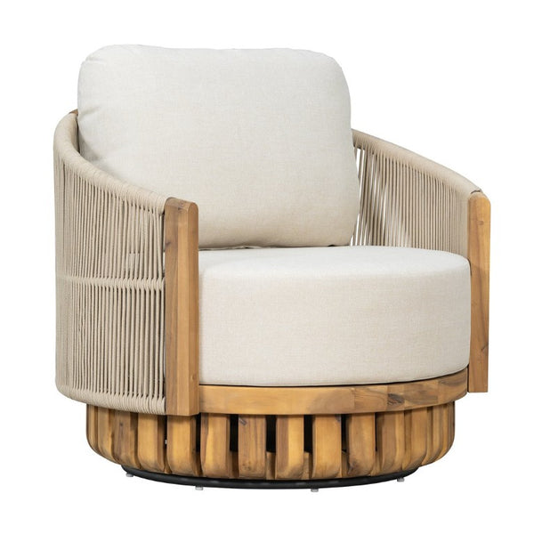 English Elm Patio Swivel Barrel Chair Acacia Teak Base Woven Rope Seat Outdoor Lounge 400Lb N762P468439A
