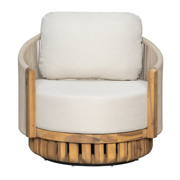 English Elm Patio Swivel Barrel Chair Acacia Teak Base Woven Rope Seat Outdoor Lounge 400Lb N762P468439A