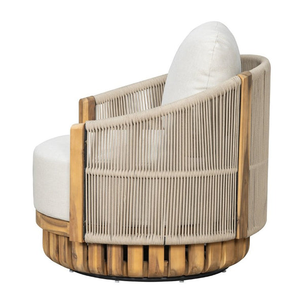 English Elm Patio Swivel Barrel Chair Acacia Teak Base Woven Rope Seat Outdoor Lounge 400Lb N762P468439A