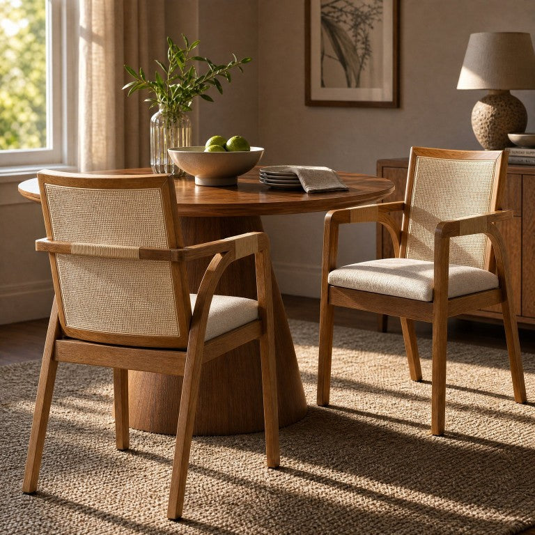 English Elm Dining Arm Chairs Set of 2 Rubberwood Walnut Frame Rattan Wrapped Boho Kitchen N762P472720D