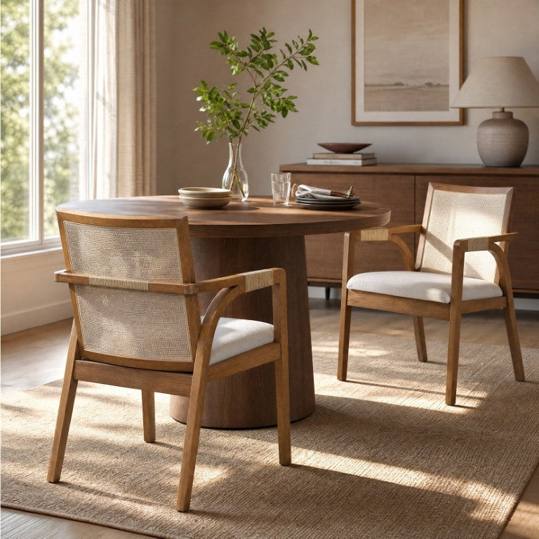 English Elm Dining Arm Chairs Set of 2 Rubberwood Walnut Frame Rattan Wrapped Boho Kitchen N762P472720D