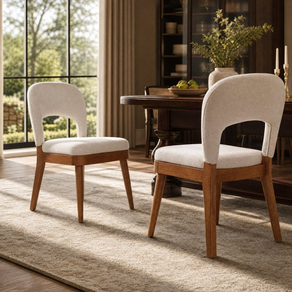 English Elm Mid Century Modern Dining Chair Set Rubberwood Walnut Arched Hollow Back Beige Seat N762P472721D
