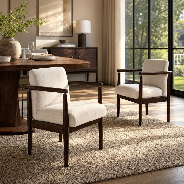 English Elm Set of 2 Mid-Century Rubberwood Arm Chairs Beige Fabric Padded Dining Accent N762P472763A