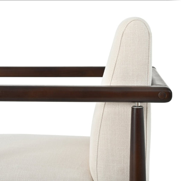 English Elm Set of 2 Mid-Century Rubberwood Arm Chairs Beige Fabric Padded Dining Accent N762P472763A