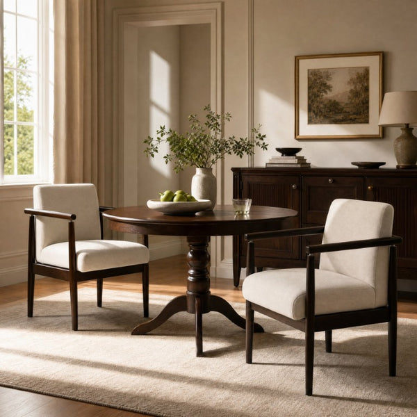 English Elm Set of 2 Mid-Century Rubberwood Arm Chairs Beige Fabric Padded Dining Accent N762P472763A
