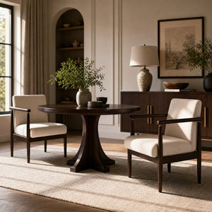 English Elm Set of 2 Mid-Century Rubberwood Arm Chairs Beige Fabric Padded Dining Accent N762P472763A