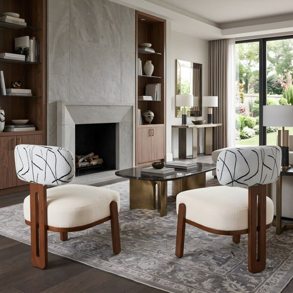 English Elm 2Pcs Sculptural Bouclé Accent Chairs Rubberwood Frame Abstract Art Back Dining Lounge Set N762P472764D