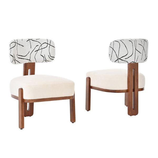English Elm 2Pcs Sculptural Bouclé Accent Chairs Rubberwood Frame Abstract Art Back Dining Lounge Set N762P472764D