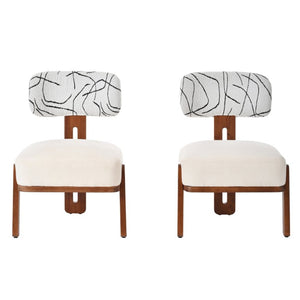 English Elm 2Pcs Sculptural Bouclé Accent Chairs Rubberwood Frame Abstract Art Back Dining Lounge Set N762P472764D