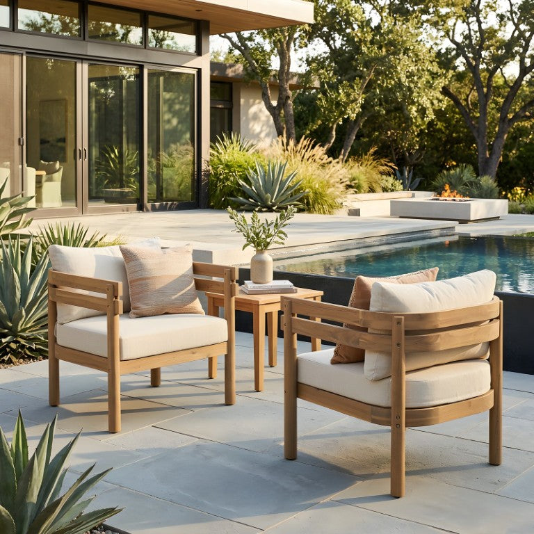 English Elm Light Brown Solid Acacia Outdoor Club Chair Set Slatted Arms Water Repellent Cushions N762P479820D2