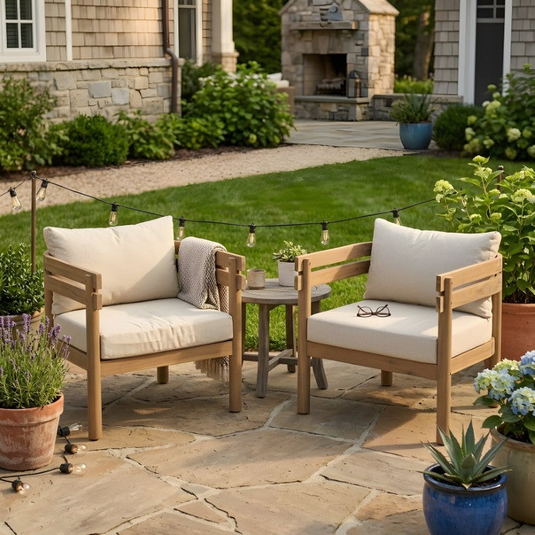 English Elm Light Brown Solid Acacia Outdoor Club Chair Set Slatted Arms Water Repellent Cushions N762P479820D2