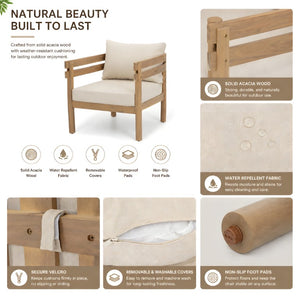 English Elm Light Brown Acacia Outdoor Club Chair Slatted Arms Water Repellent Cushions Patio N762P479820D