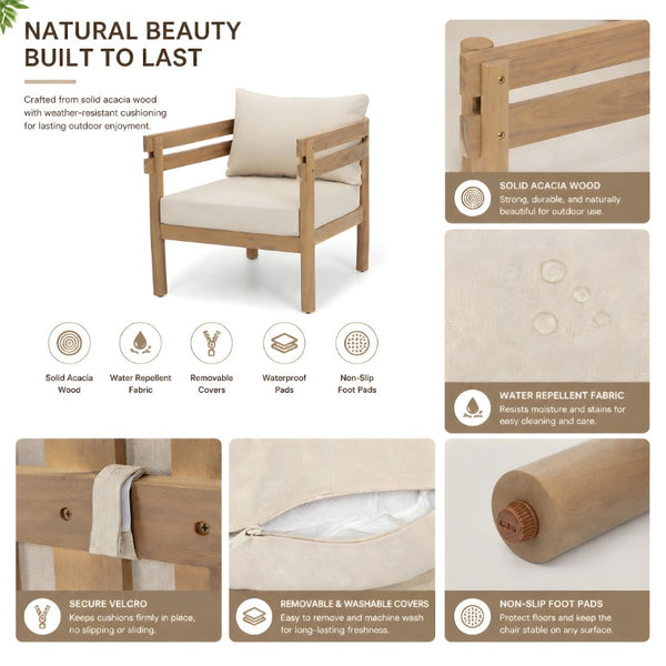 English Elm Light Brown Acacia Outdoor Club Chair Slatted Arms Water Repellent Cushions Patio N762P479820D