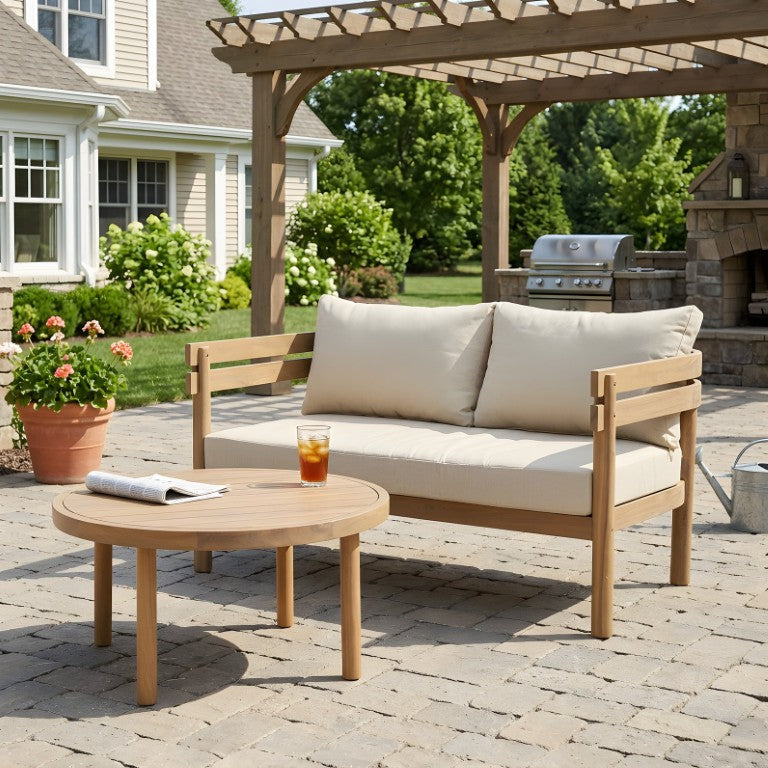 English Elm 2-Piece Solid Acacia Outdoor Loveseat Set with Round Table and Weather-Resistant Cushions N762P479821D