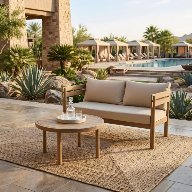 English Elm 2-Piece Solid Acacia Outdoor Loveseat Set with Round Table and Weather-Resistant Cushions N762P479821D