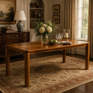 English Elm 70.28 Inch Solid Rubberwood Dining Table Walnut Finish Seats 8 with Rounded Edges N762P488521D