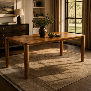 English Elm 70.28 Inch Solid Rubberwood Dining Table Walnut Finish Seats 8 with Rounded Edges N762P488521D
