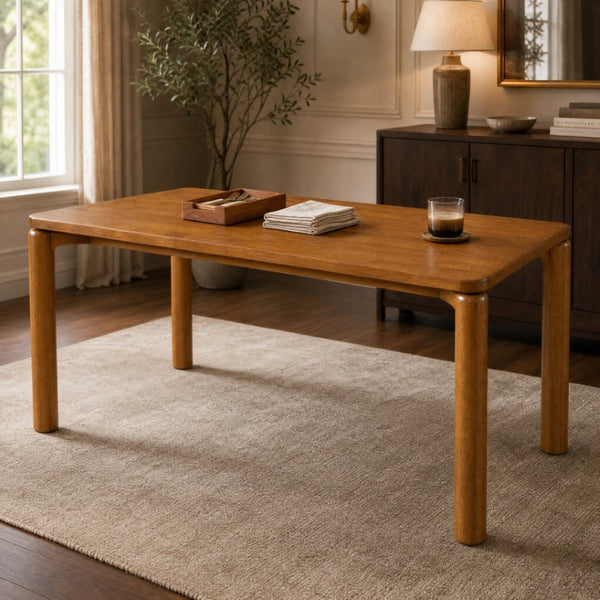 English Elm 70.28 Inch Solid Rubberwood Dining Table Walnut Finish Seats 8 with Rounded Edges N762P488521D