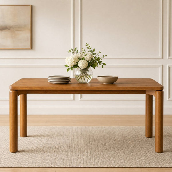 English Elm 70.28 Inch Solid Rubberwood Dining Table Walnut Finish Seats 8 with Rounded Edges N762P488521D