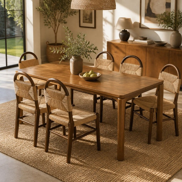 English Elm 7‑Piece Walnut Rubber Wood Dining Set with Woven Paper Rope Arched Back Chairs N762P488521D_N762P368575D3