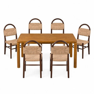 English Elm 7‑Piece Walnut Rubber Wood Dining Set with Woven Paper Rope Arched Back Chairs N762P488521D_N762P368575D3