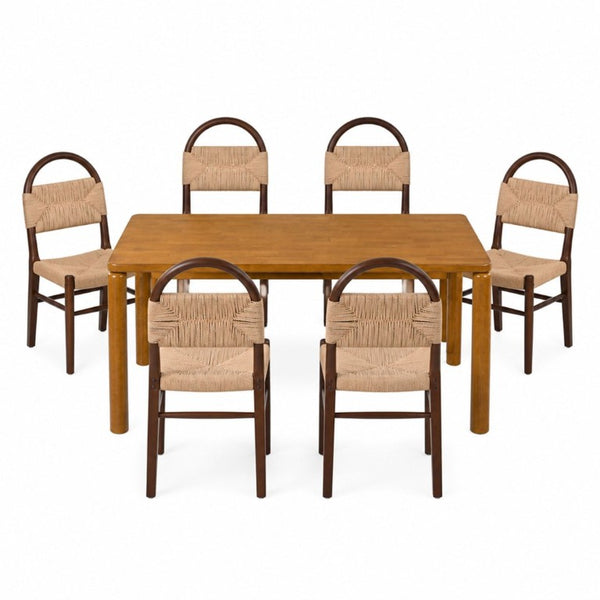 English Elm 7‑Piece Walnut Rubber Wood Dining Set with Woven Paper Rope Arched Back Chairs N762P488521D_N762P368575D3