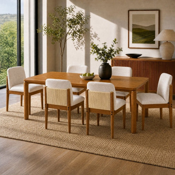 English Elm 7‑Piece Mid-Century Solid Wood Dining Set with Rope Back Chairs and Walnut Finish N762P488521D_N762P379418D3