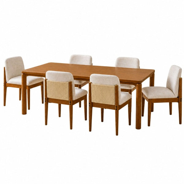 English Elm 7‑Piece Mid-Century Solid Wood Dining Set with Rope Back Chairs and Walnut Finish N762P488521D_N762P379418D3