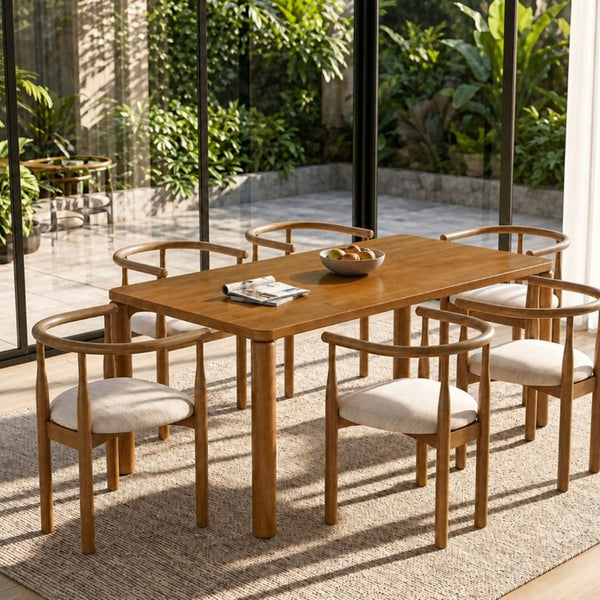 English Elm 7‑Piece Mid-Century Modern Solid Wood Dining Set with Ring-Arm Chairs for Six N762P488521D_N762P388943W3