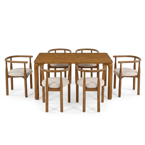 English Elm 7‑Piece Mid-Century Modern Solid Wood Dining Set with Ring-Arm Chairs for Six N762P488521D_N762P388943W3