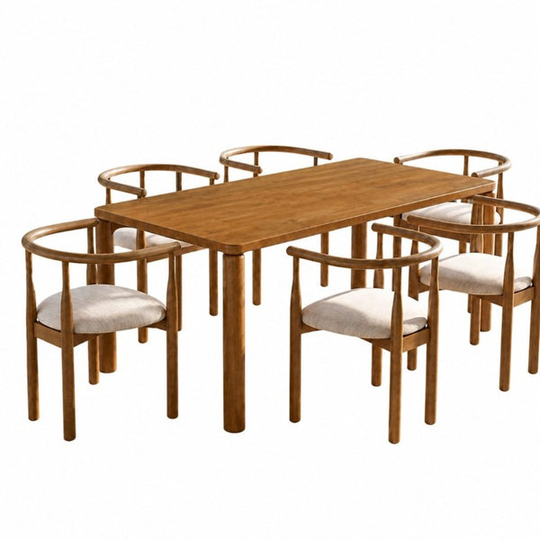 English Elm 7‑Piece Mid-Century Modern Solid Wood Dining Set with Ring-Arm Chairs for Six N762P488521D_N762P388943W3