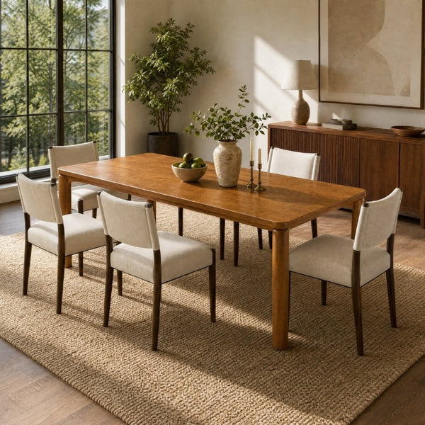 English Elm 7‑Piece Solid Rubberwood Dining Set Seats Six with Walnut Finish and Beige Padded Chairs N762P488521D_N762P411382A3
