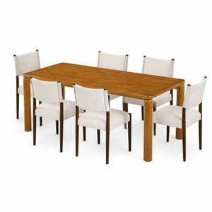 English Elm 7‑Piece Solid Rubberwood Dining Set Seats Six with Walnut Finish and Beige Padded Chairs N762P488521D_N762P411382A3