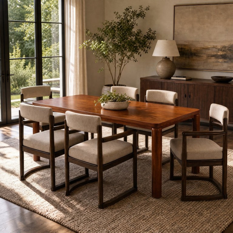 English Elm 7‑Piece Rubberwood Dining Set Mid-Century Walnut Table with Six Upholstered Arm Chairs N762P488521D_N762P412255D3