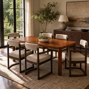 English Elm 7‑Piece Rubberwood Dining Set Mid-Century Walnut Table with Six Upholstered Arm Chairs N762P488521D_N762P412255D3