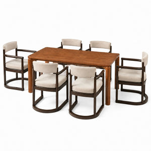 English Elm 7‑Piece Rubberwood Dining Set Mid-Century Walnut Table with Six Upholstered Arm Chairs N762P488521D_N762P412255D3