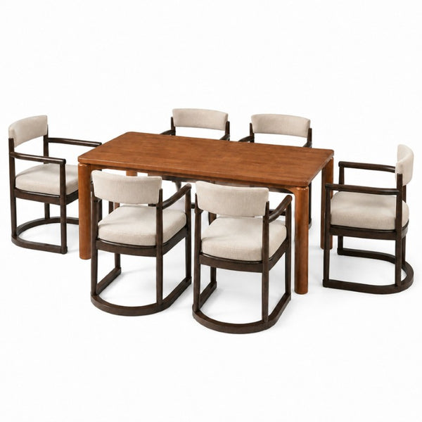 English Elm 7‑Piece Rubberwood Dining Set Mid-Century Walnut Table with Six Upholstered Arm Chairs N762P488521D_N762P412255D3