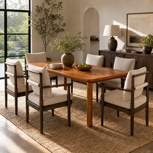 English Elm 7‑Piece Mid-Century Rubberwood Dining Set with Walnut Finish and Padded Armchairs N762P488521D_N762P412259D3