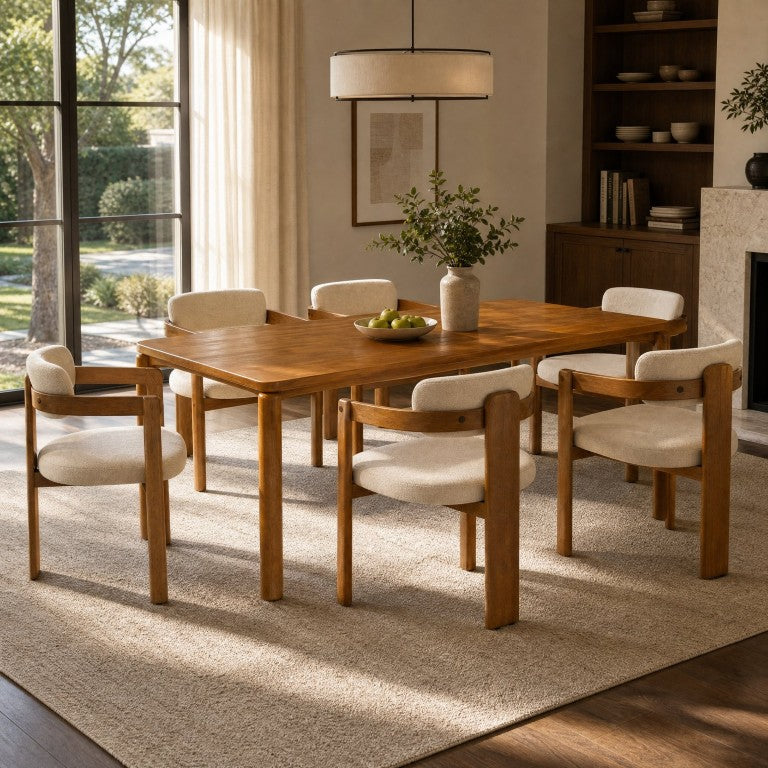 English Elm 7‑Piece Solid Rubber Wood Dining Set Seats Eight with Beige Upholstered Chairs Walnut N762P488521D_N762P446221D3