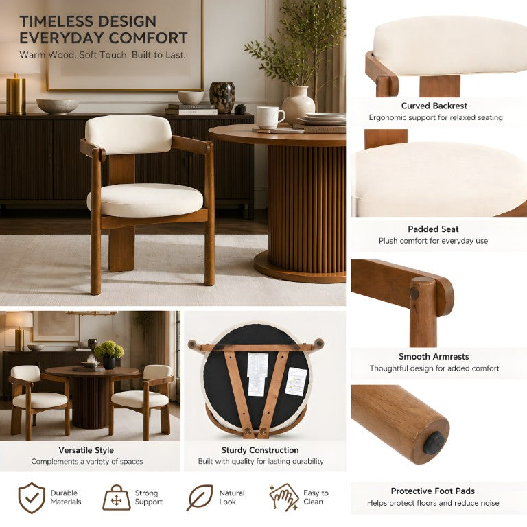 English Elm 7‑Piece Solid Rubber Wood Dining Set Seats Eight with Beige Upholstered Chairs Walnut N762P488521D_N762P446221D3