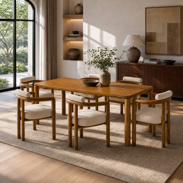 English Elm 7‑Piece Solid Rubber Wood Dining Set Seats Six with Upholstered Mid-Century Arm Chairs N762P488521D_N762P446251D3