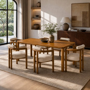 English Elm 7‑Piece Solid Rubber Wood Dining Set Seats Six with Upholstered Mid-Century Arm Chairs N762P488521D_N762P446251D3
