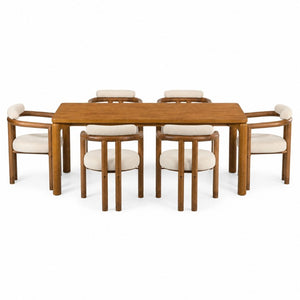English Elm 7‑Piece Solid Rubber Wood Dining Set Seats Six with Upholstered Mid-Century Arm Chairs N762P488521D_N762P446251D3