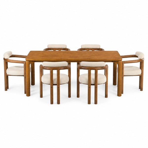 English Elm 7‑Piece Solid Rubber Wood Dining Set Seats Six with Upholstered Mid-Century Arm Chairs N762P488521D_N762P446251D3