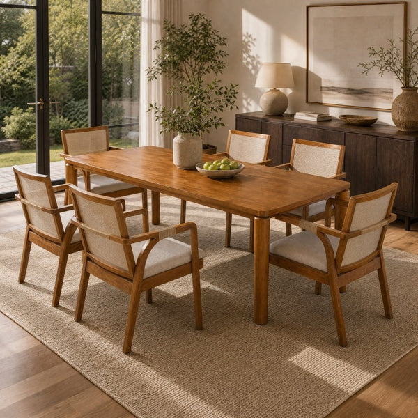 English Elm 7‑Piece Solid Wood Dining Set Seats Six with Woven Backrest and Upholstered Arm Chairs Beige, Walnut Rattan, Rubber Wood, Textilene N762P488521D_N762P472720D3