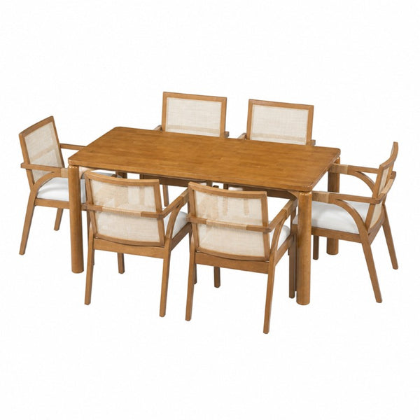 English Elm 7‑Piece Solid Wood Dining Set Seats Six with Woven Backrest and Upholstered Arm Chairs Beige, Walnut Rattan, Rubber Wood, Textilene N762P488521D_N762P472720D3