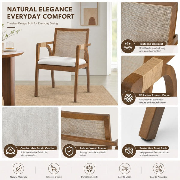English Elm 7‑Piece Solid Wood Dining Set Seats Six with Woven Backrest and Upholstered Arm Chairs Beige, Walnut Rattan, Rubber Wood, Textilene N762P488521D_N762P472720D3